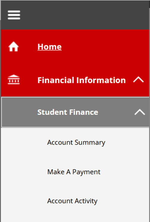 Picture of the Billing menu. Top level is Home, Financial Information, and Student Finance. Under Student Finance, there is Account Summary, Make A Payment, and Account Activity.